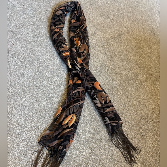 Accessories - Black Sheer Floral Fringe Scarf with Brown & Orange Accents
